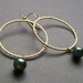 Large Gold Hoop Earrings with Green Pearls. Bridal Jewelry