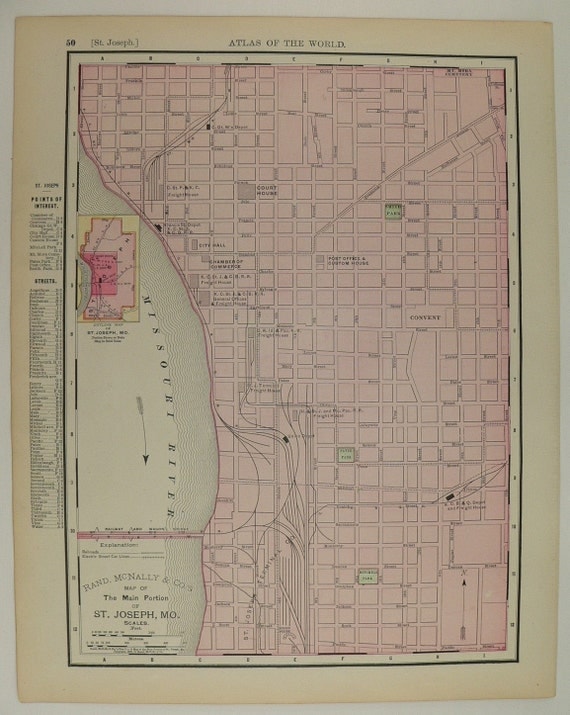 St Louis and St Joseph Missouri Old 1891 City Street Map