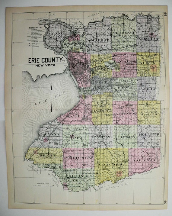 Erie County New York NY Big 1912 Antique Map Tonawanda Amherst