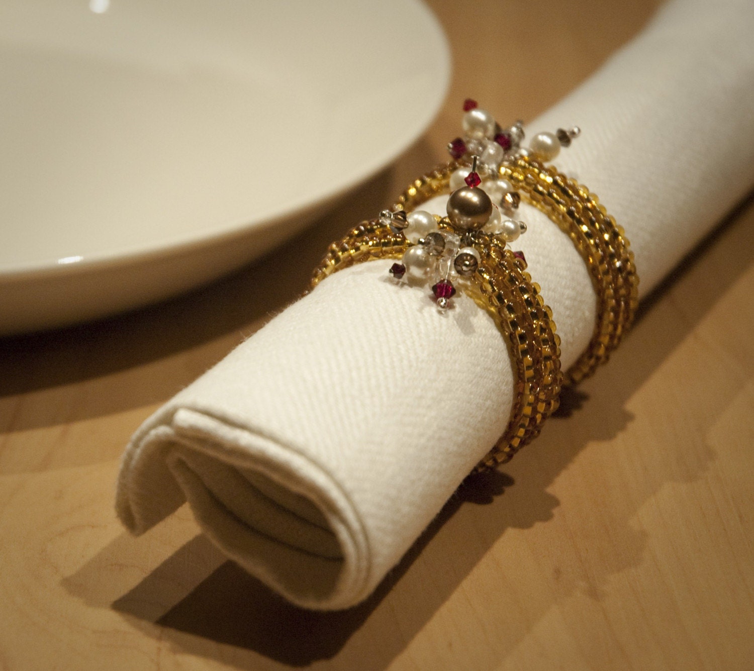 Beaded napkin rings Gold set of 2