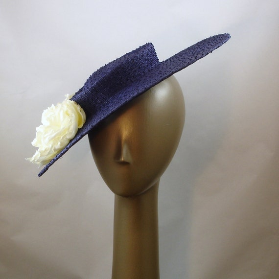 Saucer Hat Vintage Style Blue Straw Hat with Ivory Roses