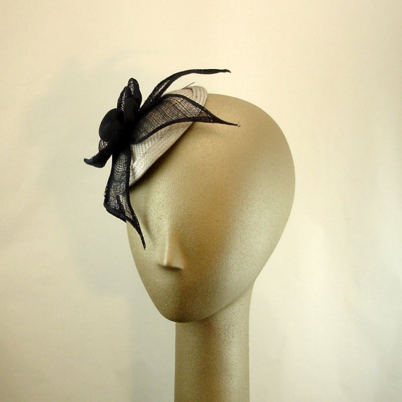Fascinator Straw Cocktail Hat in Silver and Midnight Blue for