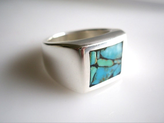 Mens Heavy Silver Ring set with Rare Turquoise Mosaic