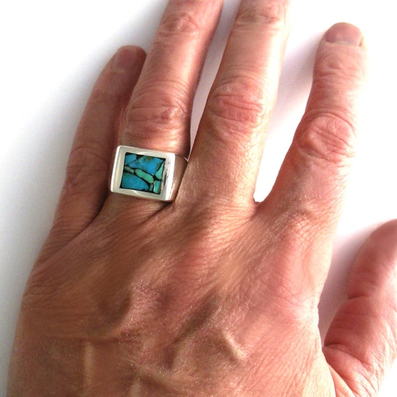 Mens Heavy Silver Ring set with Rare Turquoise Mosaic