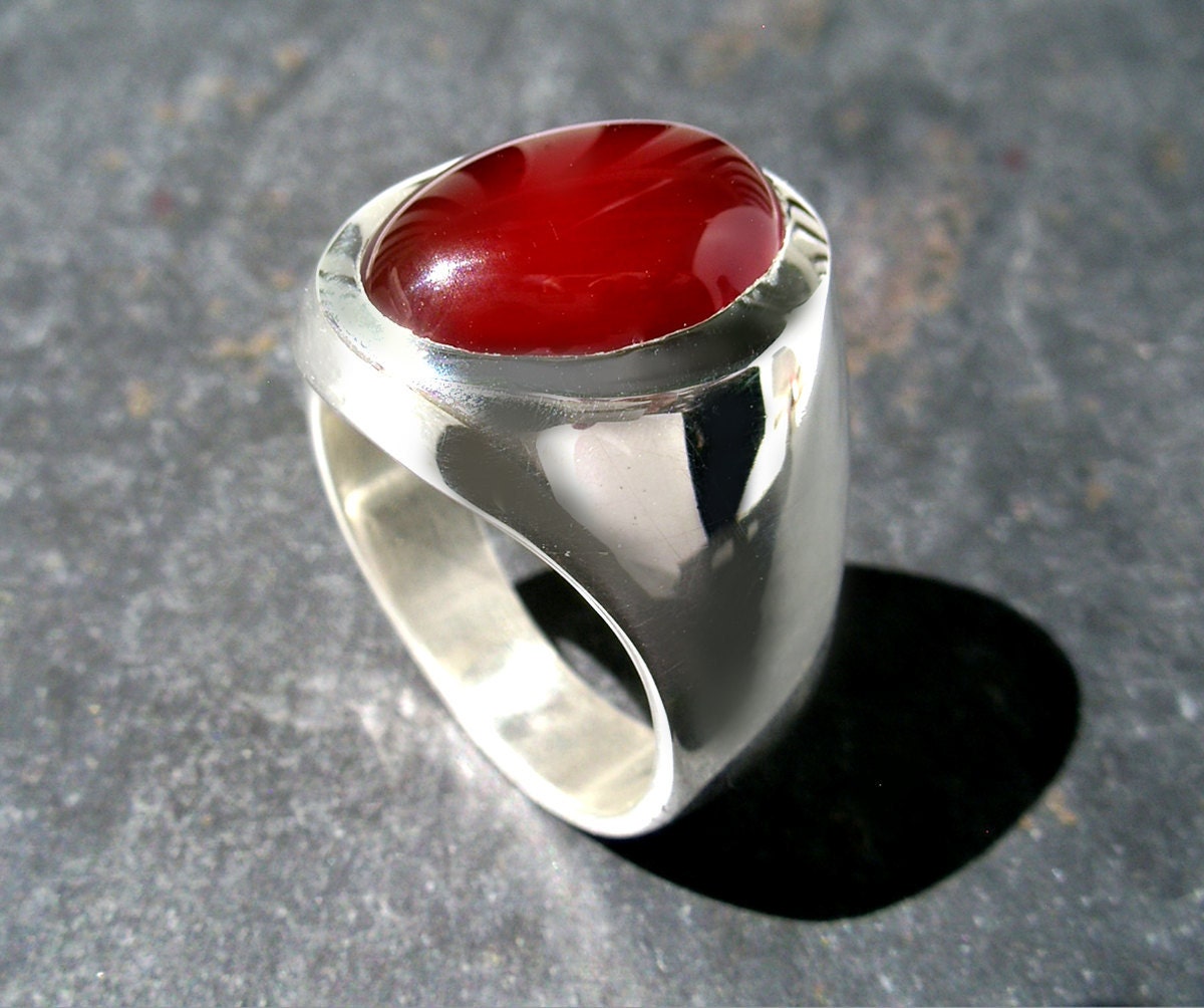 Mens Heavy Oval Carnelian Agate Ring in Sterling Silver