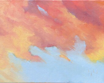 Abstract Clouds - Cloud painting. Original oil painting on canvas board by Yvonne Wagner. Framed 5 x 7 (13 x 18 cm). Ciel. Les Nuages. Sale.