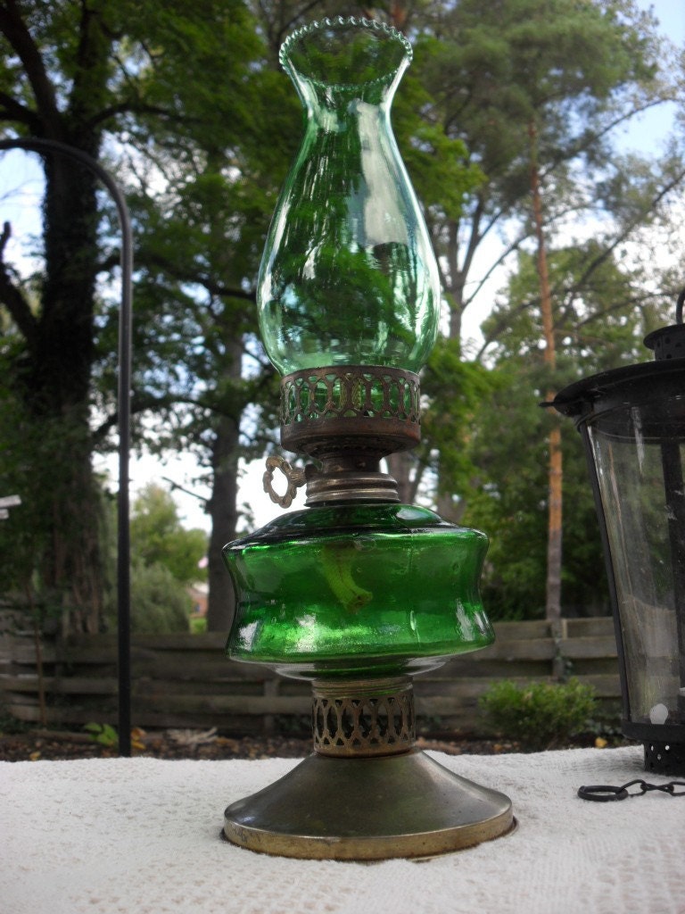 Antique Green Glass Hurricane Lamp by energyforthesoul on Etsy