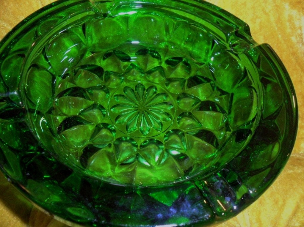 Antique Forest Green Glass Ashtray 1940s