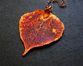 Long Copper Dipped Aspen Leaf Pendant, Long Necklace, Genuine Leaf, Red Heart Jewelry, Autumn and Fall