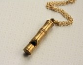 Bamboo Whistle Necklace, Long Gold Metal Whistle Pendant, Vintage Noisemaker, Unique Whistle Jewelry