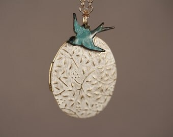 Blue Bird Necklace Vines White Locket, White Jewelry, Boho Locket Long, Blue Oval Locket, Floral Locket White Pendant, Long Chain Necklace