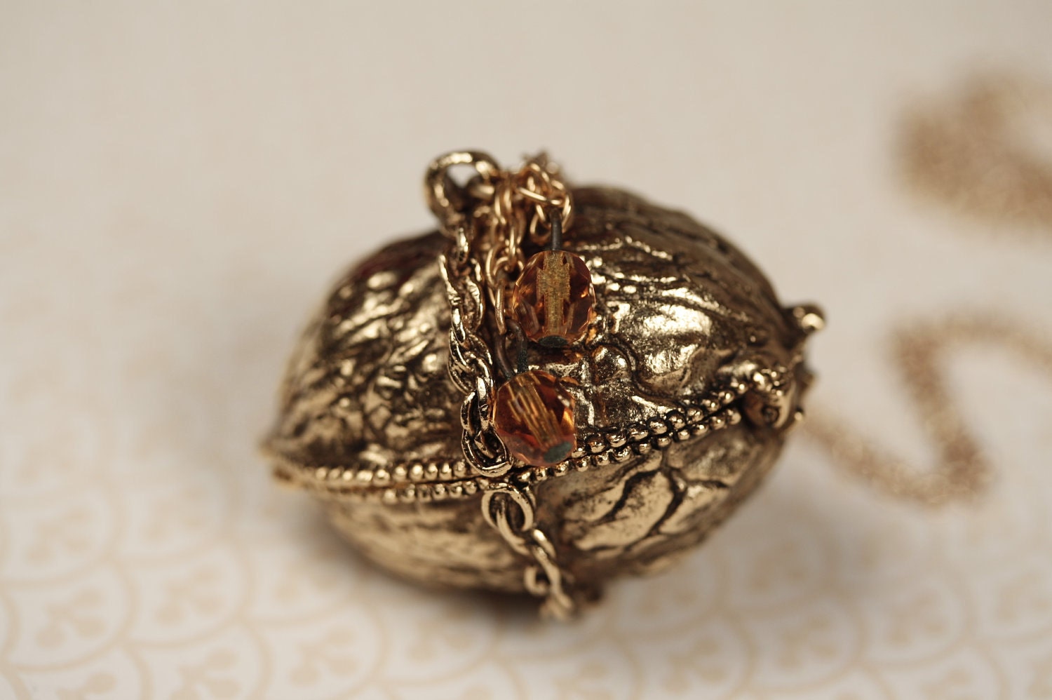 Gold Walnut Locket Necklace Long Gold Chain Vintage Gold