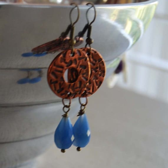 Blue Stone Bead Dangle Earrings Copper Drop Earrings by bstrung