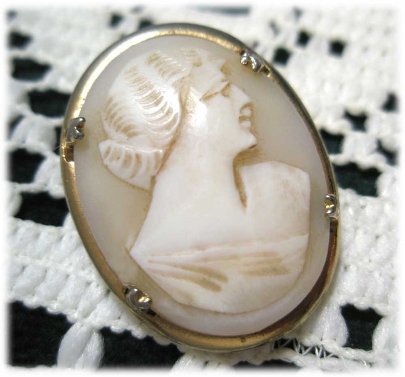Vintage Carved Ivory Shell Cameo Brooch Goldtone Setting
