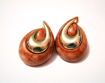 HUGE Vintage Gold Tone and Orange Swirled Lucite Teardrop Pierced Earrings