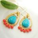 Coral and Turquoise earrings - Earrings Turquoise - Gold and turquoise handmade designer jewelry - Beach earrings