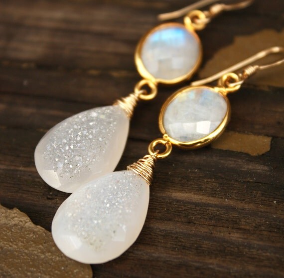 Gold Agate Druzy Earrings Rainbow Moonstone Geode by OhKuol