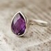 Silver Purple Amethyst Teardrop Ring - Hammered Ring - Stackable Ring
