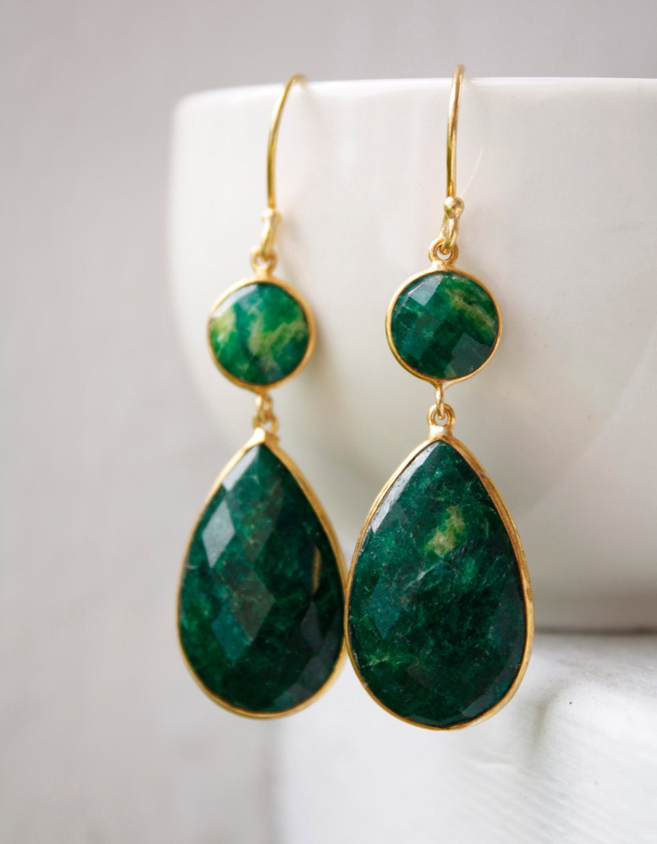 Gold Green Emerald Quartz Earrings Long Drop Earrings by OhKuol