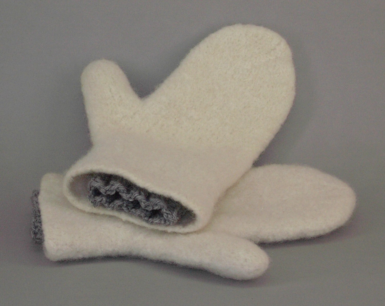 Double Cuff Hand Knit/Felted White Wool Mittens by FuzzyKnits