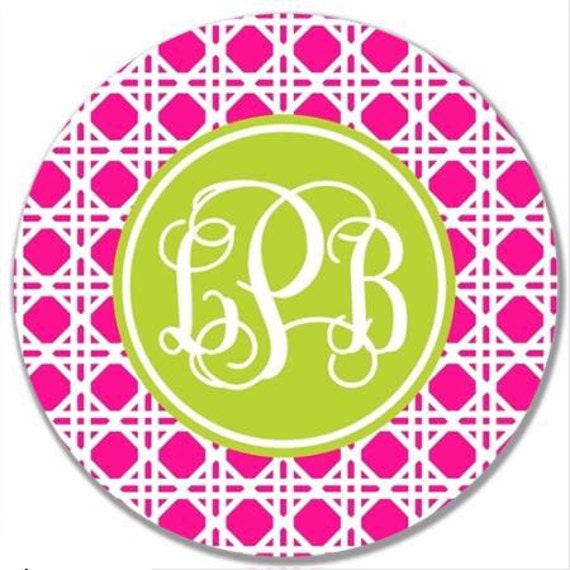 Personalized Melamine Plate-Cane Monogram Hot Pink and green