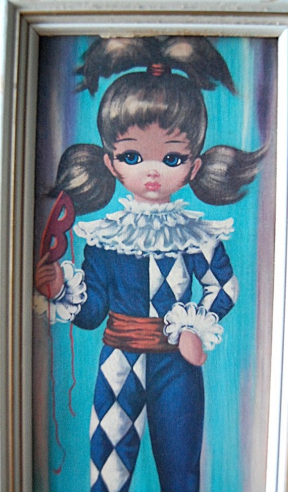 Eden+Big+Eye+Art Small Vintage Big Eye Harlequin Girl Retro Framed Print by franz66