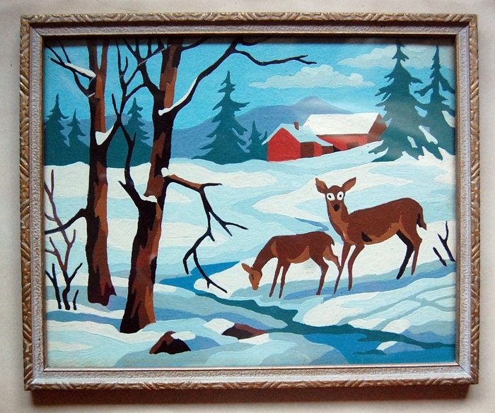 Vintage Paint By Numbers Winter Nature Snow Scene With Deer.