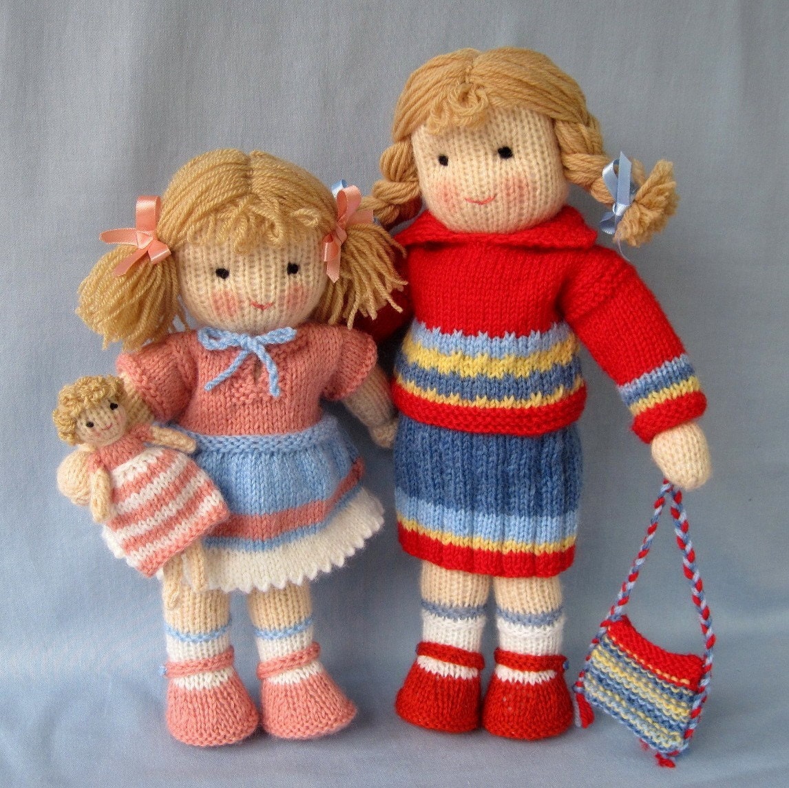 TILLY and LULU 2 pattern deal knitted toy dolls by dollytime