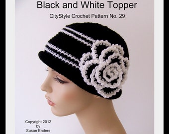 Crochet Pattern, Crochet Hat Pattern, Black and White Topper, Rolled Brim, Rose Flower Applique, Fall, Winter Accessories, INSTANT DOWNLOAD
