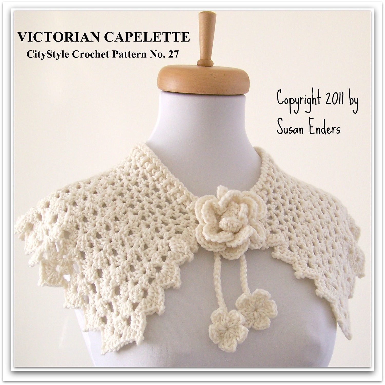 Crochet Pattern Capelet Shawl with Rose and Flower Blossom Tie