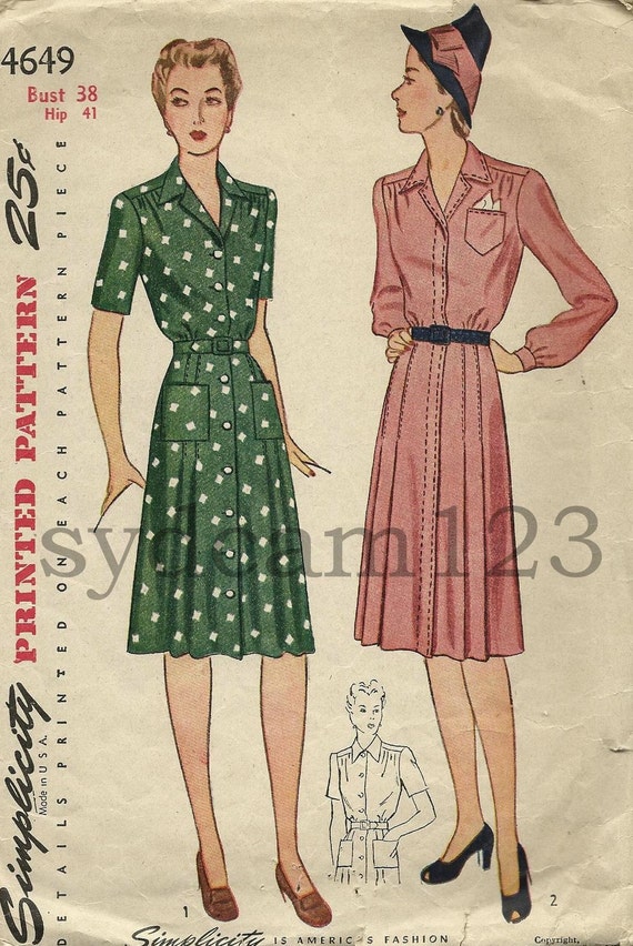 Vintage 1943 Shirtwaist Dress Long or Short Sleeve by sydcam123