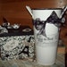 Shabby French bucket vase centerpiece cream galvanized tin fleur de lis key tag French perfume label ribbon OOH LA LA