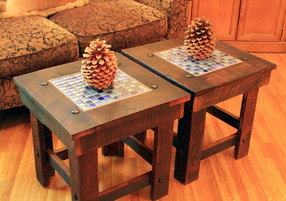 End Table Set. Bunching Table w/ Glass Mosaic Tile. Rustic