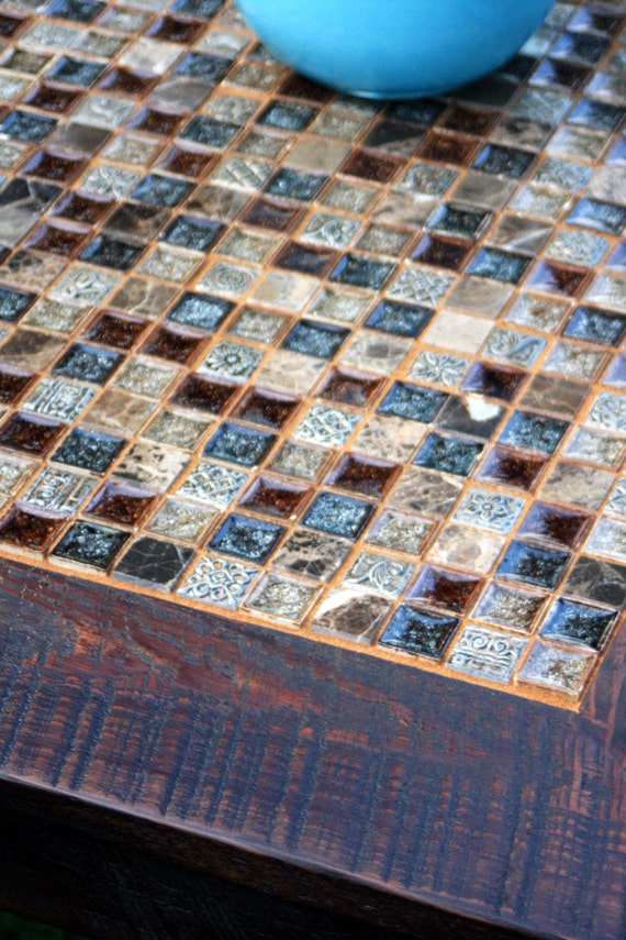 Coffee Table Glass / Stone Tile Mosaic Reclaimed Wood