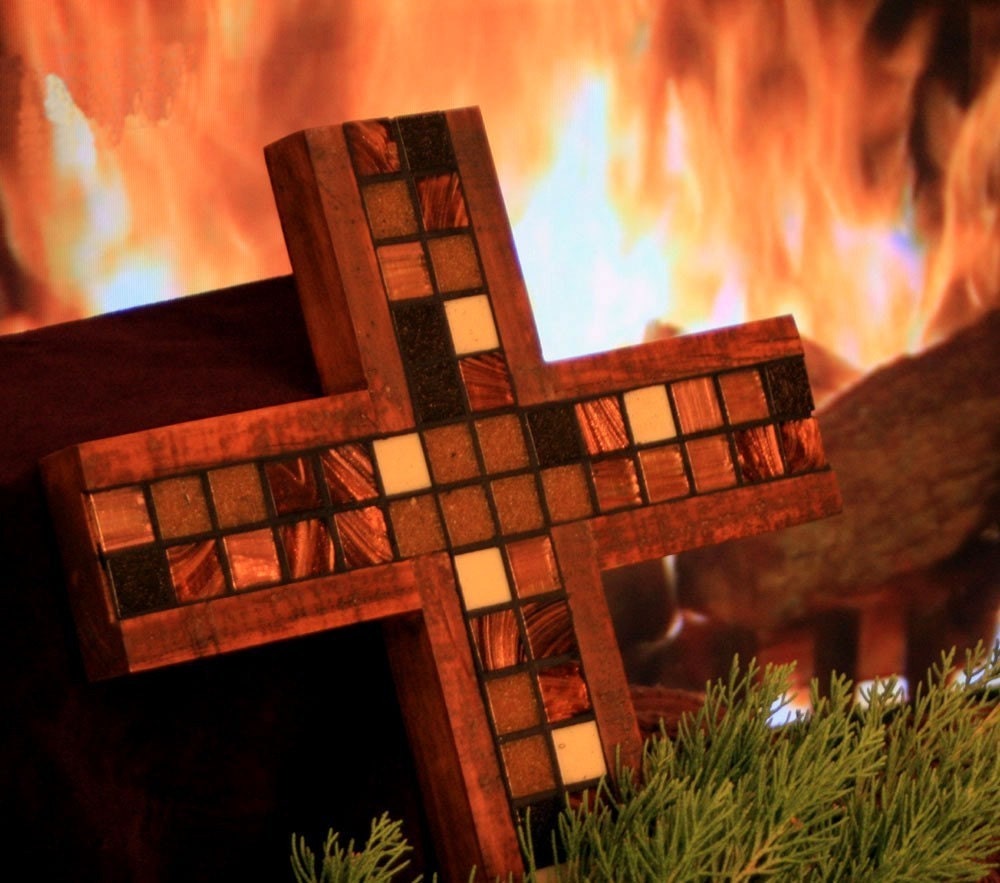 Tile Wood Cross. Mosaic Tile Cross. Irridescent Tile Cross.