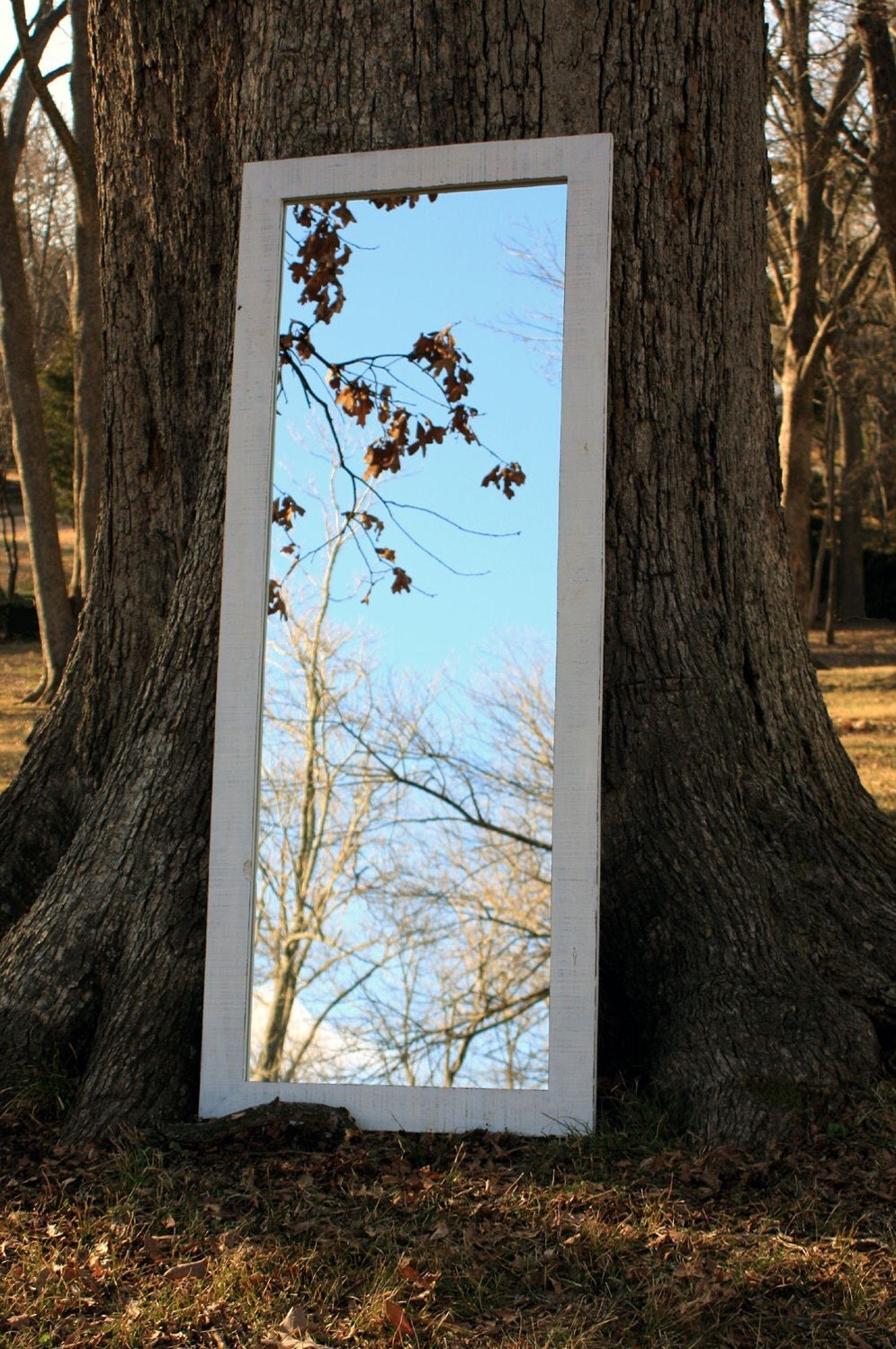 Full Length Mirror Distressed White Finish Reclaimed