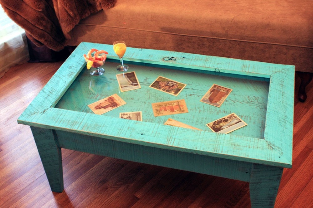 Display Coffee Table with Glass Top Reclaimed Wood Rustic