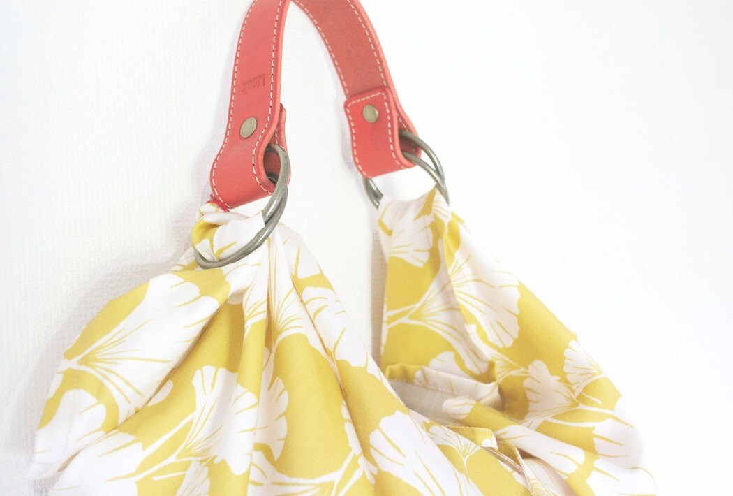 SALE Fabric Bag with leather handle organic cotton mustard