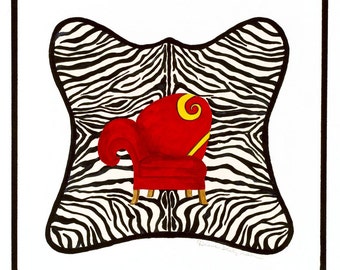 Zebra with Red Chair/Giclee Print/ Watercolor