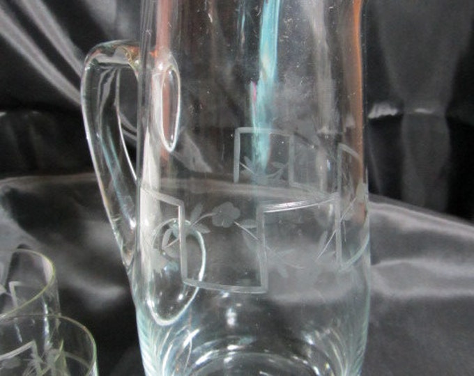 Etched Glass Pitcher and Six Matching Glasses, Vintage Set, Kitchen, Dinning, Serving, Party Glassware