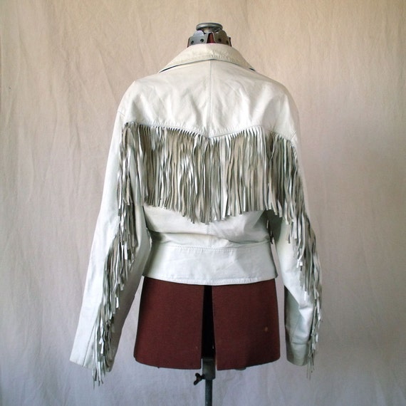 Vintage 80s White Leather Jacket Sz Med Fringe Rock n Roll