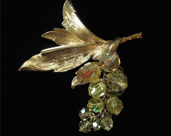 1970's Gold Tone Leaf Brooch with Dangling Yellow AB Crystals