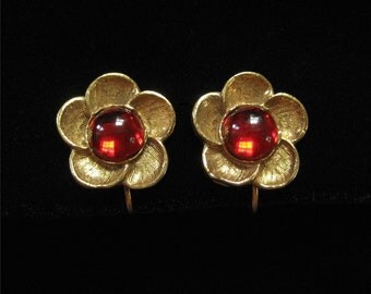 MMA Earrings, Gold Plated and Red Glass Stone