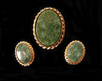 Green Jasper Brooch and Earring Set