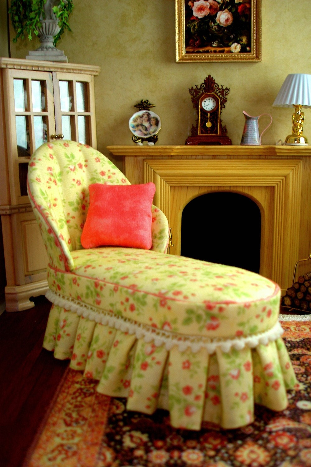Yellow Floral Dollhouse Miniature Chaise by PeachBlossomHill