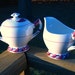 Vernon Kilns Hand-Painted 1940s "Monterey" Cream and Sugar Set: California Dreaming in Maroon and Midnight blue