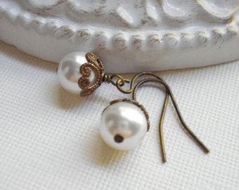 White Pearl Brass Drop Earrings, Classic Pearl Dangle Earrings Wedding Jewelry Bridesmaids Gift Idea Gift For Her