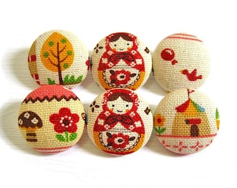 Fabric Covered Buttons - Pink Babushka - 6 Medium Buttons