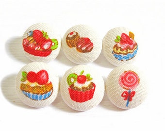 Fabric Covered Buttons - Sweet Treats - 6 Medium Fabric Buttons