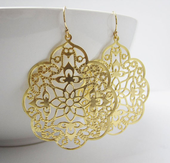 Gold Filigree Earrings Large by StringOfJewels on Etsy